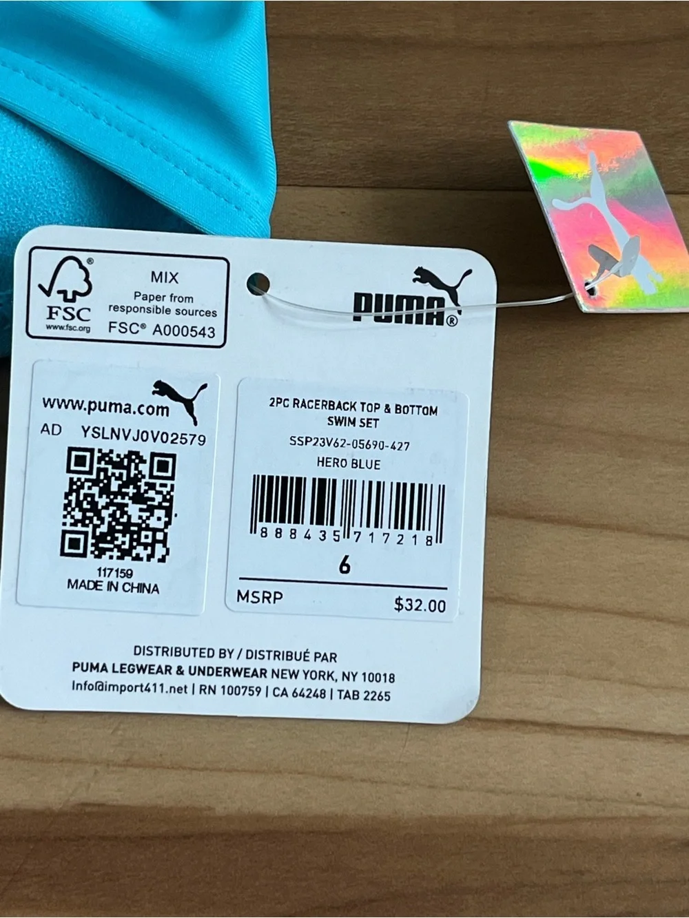 Puma Girls 2PC Racerback Swim Set Blue Size 6 NWT